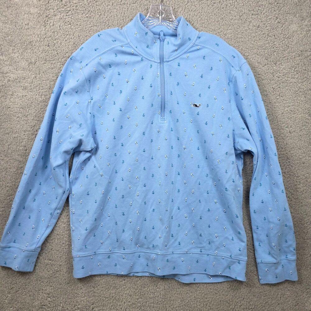 Vineyard Vines Saltwater Quarter Zip Blue All Over Print Whale Logo Size L